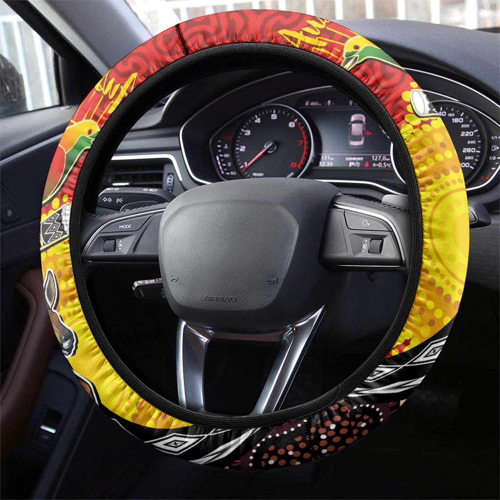 Australia and Papua New Guinea Together Steering Wheel Cover Bird-of-paradise and Kangaroo with Oro Tapa and Aboriginal Art Motifs - Aussie Hoodie
