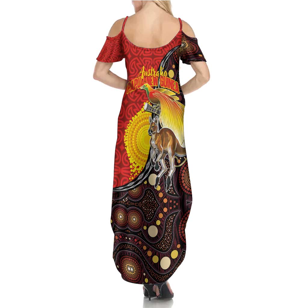 Australia and Papua New Guinea Together Summer Maxi Dress Bird-of-paradise and Kangaroo with Oro Tapa and Aboriginal Art Motifs - Aussie Hoodie