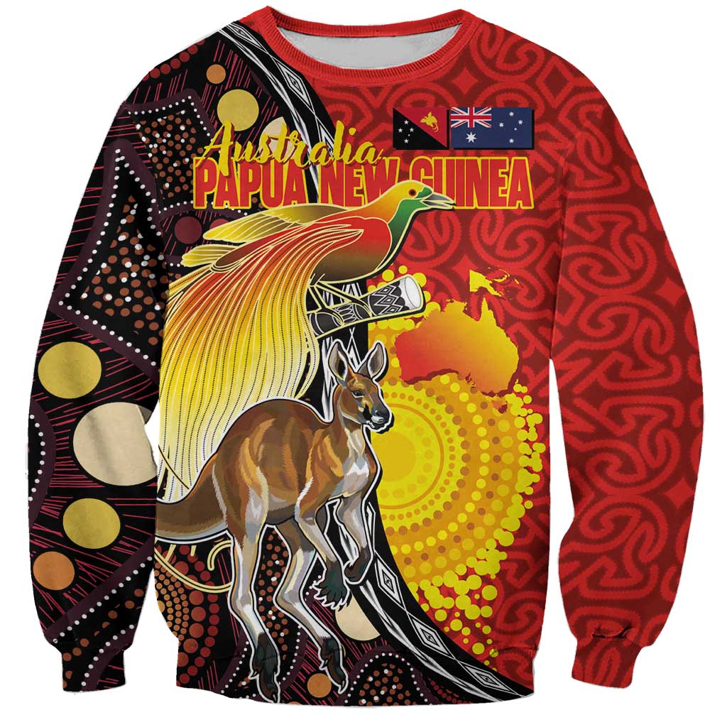 Australia and Papua New Guinea Together Sweatshirt Bird-of-paradise and Kangaroo with Oro Tapa and Aboriginal Art Motifs - Aussie Hoodie
