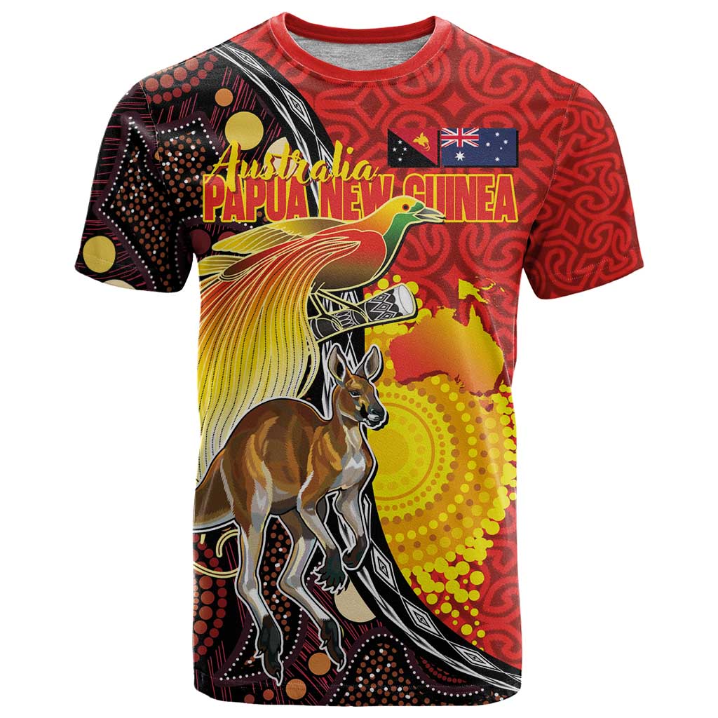 Australia and Papua New Guinea Together T Shirt Bird-of-paradise and Kangaroo with Oro Tapa and Aboriginal Art Motifs - Aussie Hoodie