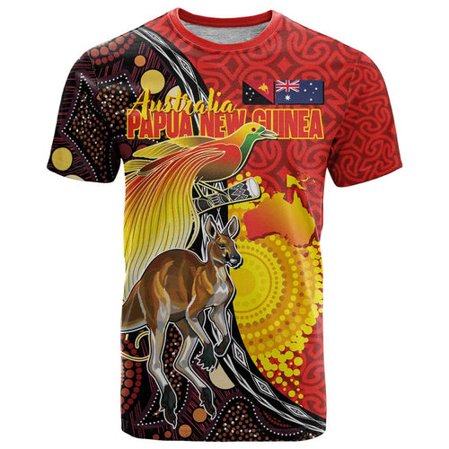 Australia and Papua New Guinea Together T Shirt Bird-of-paradise and Kangaroo with Oro Tapa and Aboriginal Art Motifs - Aussie Hoodie