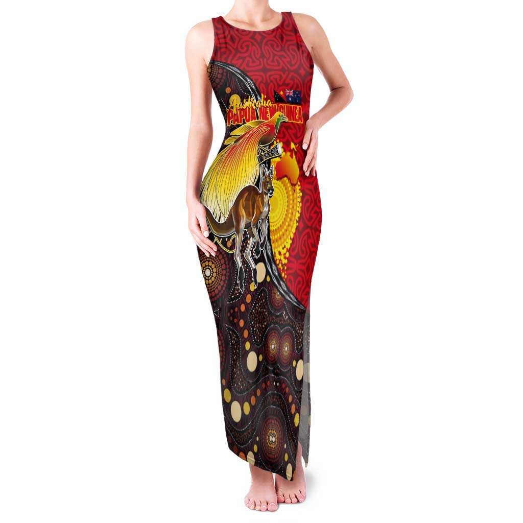 Australia and Papua New Guinea Together Tank Maxi Dress Bird-of-paradise and Kangaroo with Oro Tapa and Aboriginal Art Motifs - Aussie Hoodie