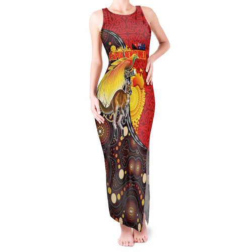 Australia and Papua New Guinea Together Tank Maxi Dress Bird-of-paradise and Kangaroo with Oro Tapa and Aboriginal Art Motifs - Aussie Hoodie