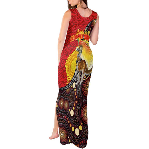 Australia and Papua New Guinea Together Tank Maxi Dress Bird-of-paradise and Kangaroo with Oro Tapa and Aboriginal Art Motifs - Aussie Hoodie