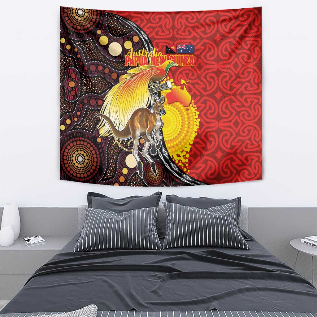 Australia and Papua New Guinea Together Tapestry Bird-of-paradise and Kangaroo with Oro Tapa and Aboriginal Art Motifs - Aussie Hoodie