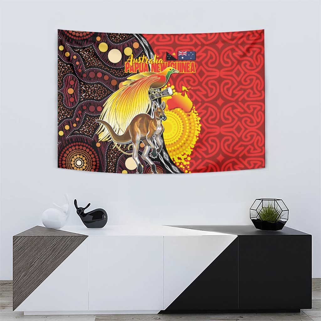 Australia and Papua New Guinea Together Tapestry Bird-of-paradise and Kangaroo with Oro Tapa and Aboriginal Art Motifs - Aussie Hoodie