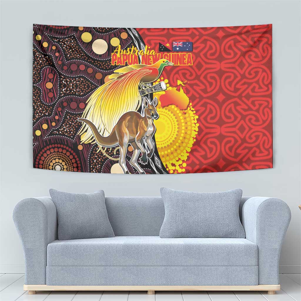 Australia and Papua New Guinea Together Tapestry Bird-of-paradise and Kangaroo with Oro Tapa and Aboriginal Art Motifs - Aussie Hoodie