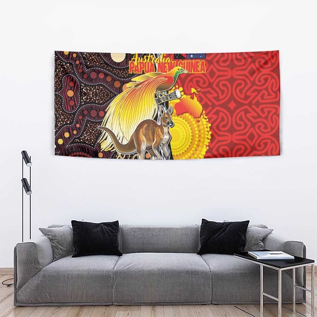 Australia and Papua New Guinea Together Tapestry Bird-of-paradise and Kangaroo with Oro Tapa and Aboriginal Art Motifs - Aussie Hoodie