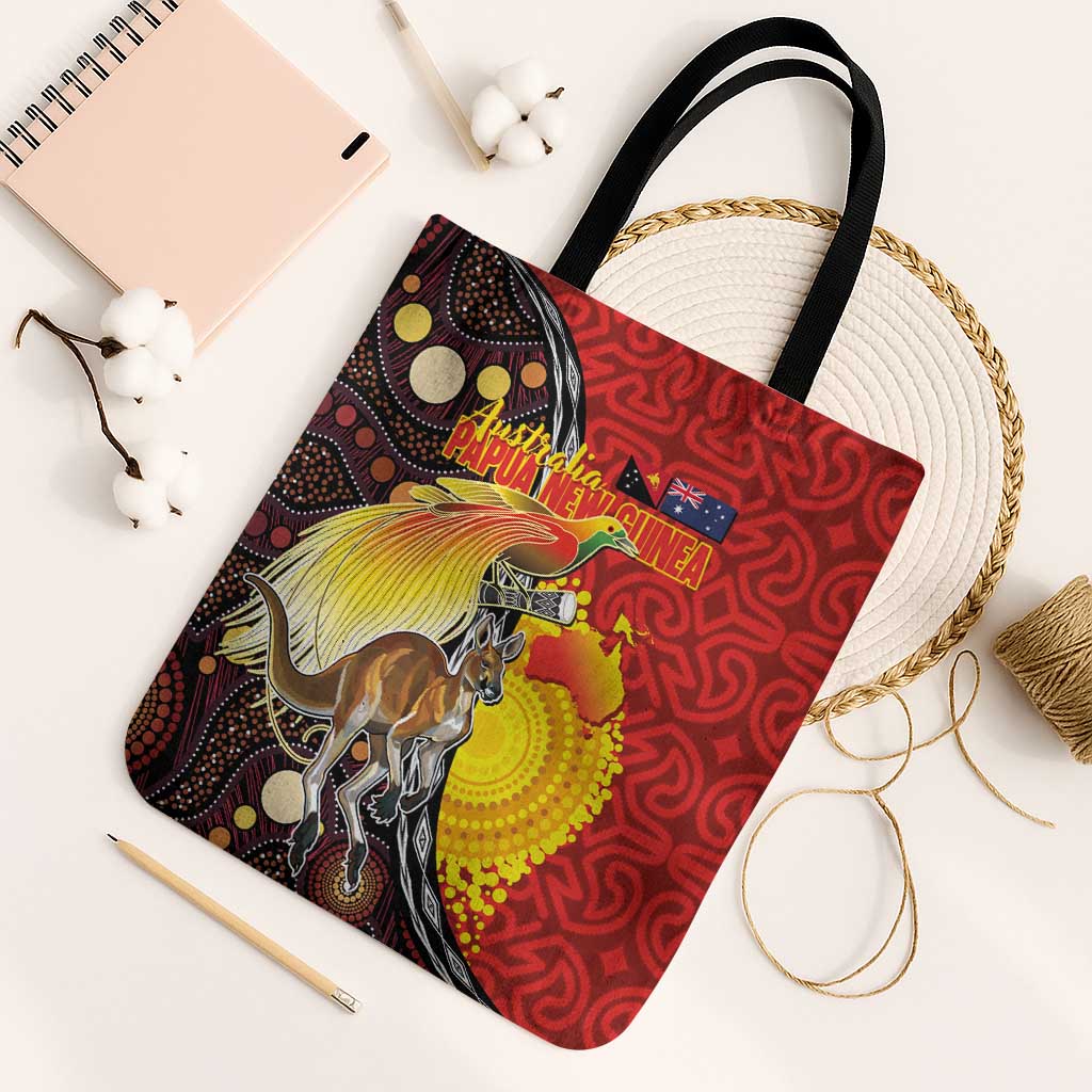 Australia and Papua New Guinea Together Tote Bag Bird-of-paradise and Kangaroo with Oro Tapa and Aboriginal Art Motifs - Aussie Hoodie