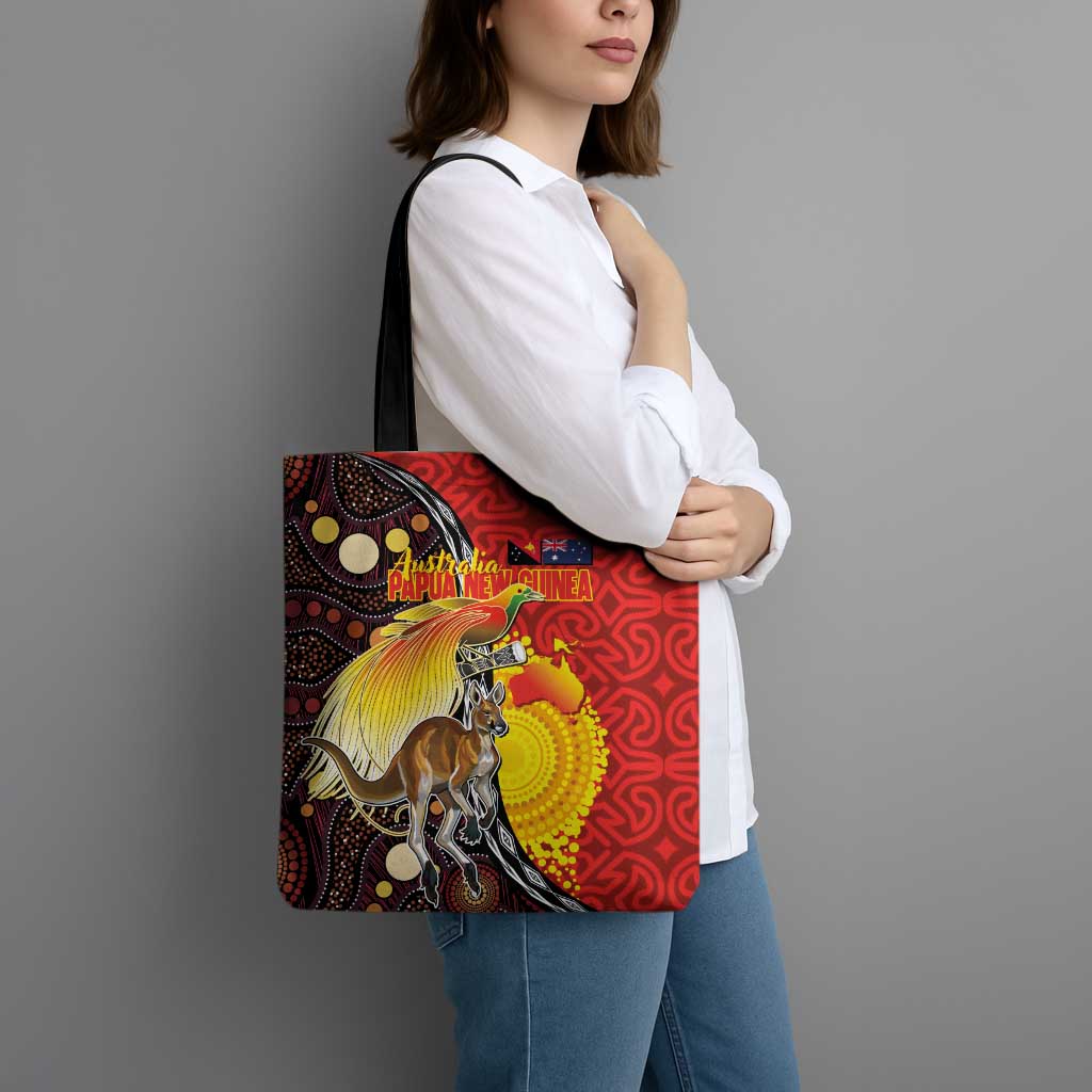 Australia and Papua New Guinea Together Tote Bag Bird-of-paradise and Kangaroo with Oro Tapa and Aboriginal Art Motifs - Aussie Hoodie