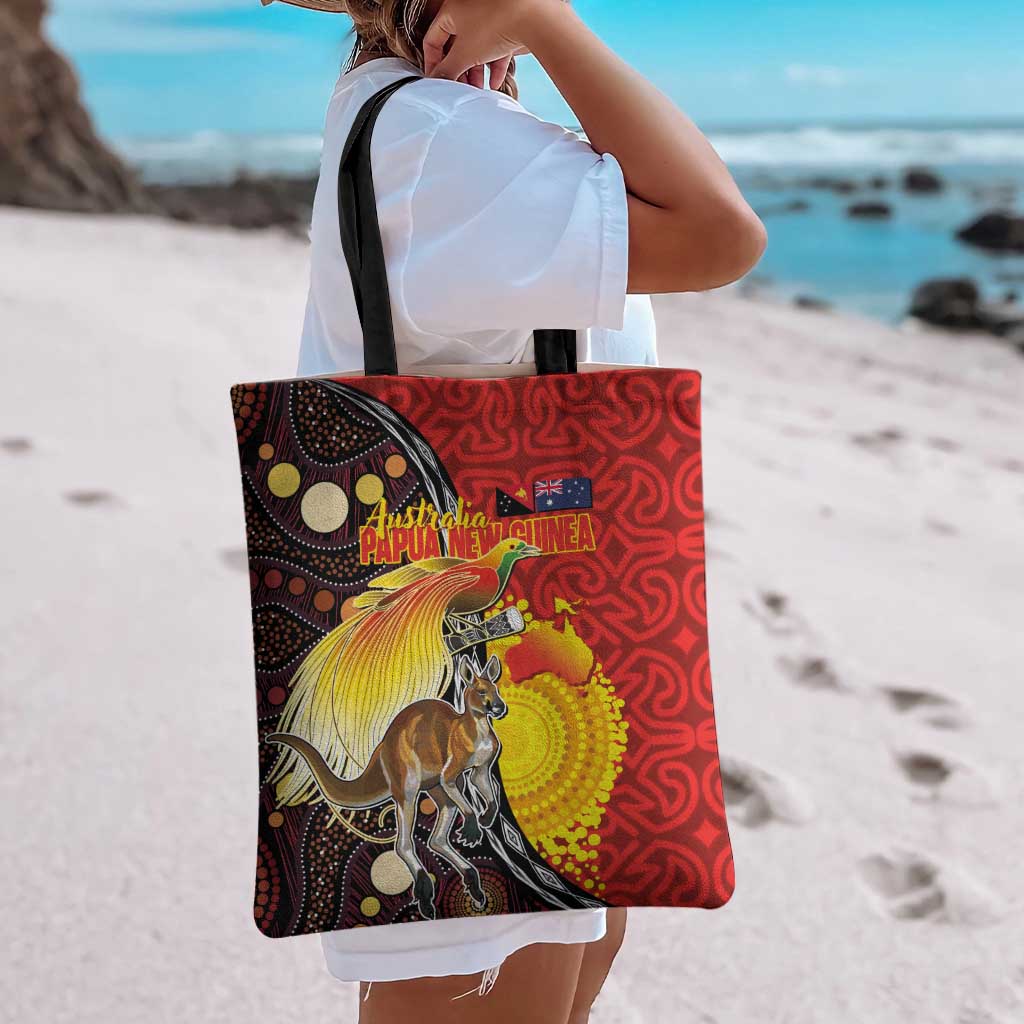 Australia and Papua New Guinea Together Tote Bag Bird-of-paradise and Kangaroo with Oro Tapa and Aboriginal Art Motifs - Aussie Hoodie