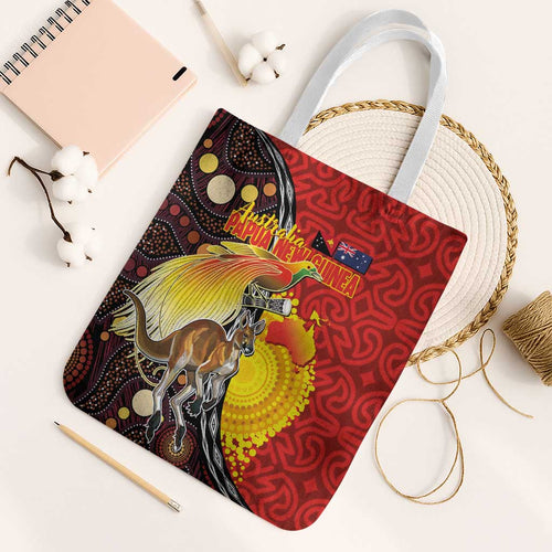 Australia and Papua New Guinea Together Tote Bag Bird-of-paradise and Kangaroo with Oro Tapa and Aboriginal Art Motifs - Aussie Hoodie
