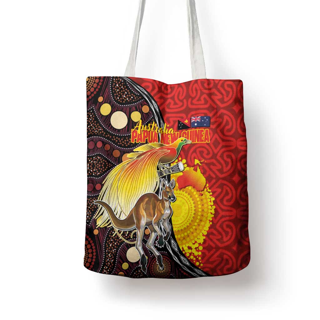 Australia and Papua New Guinea Together Tote Bag Bird-of-paradise and Kangaroo with Oro Tapa and Aboriginal Art Motifs - Aussie Hoodie