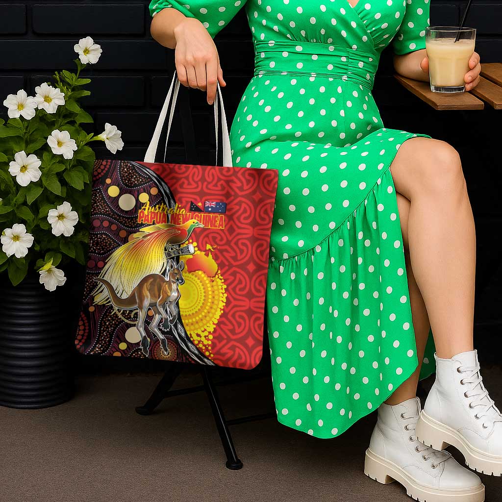 Australia and Papua New Guinea Together Tote Bag Bird-of-paradise and Kangaroo with Oro Tapa and Aboriginal Art Motifs - Aussie Hoodie