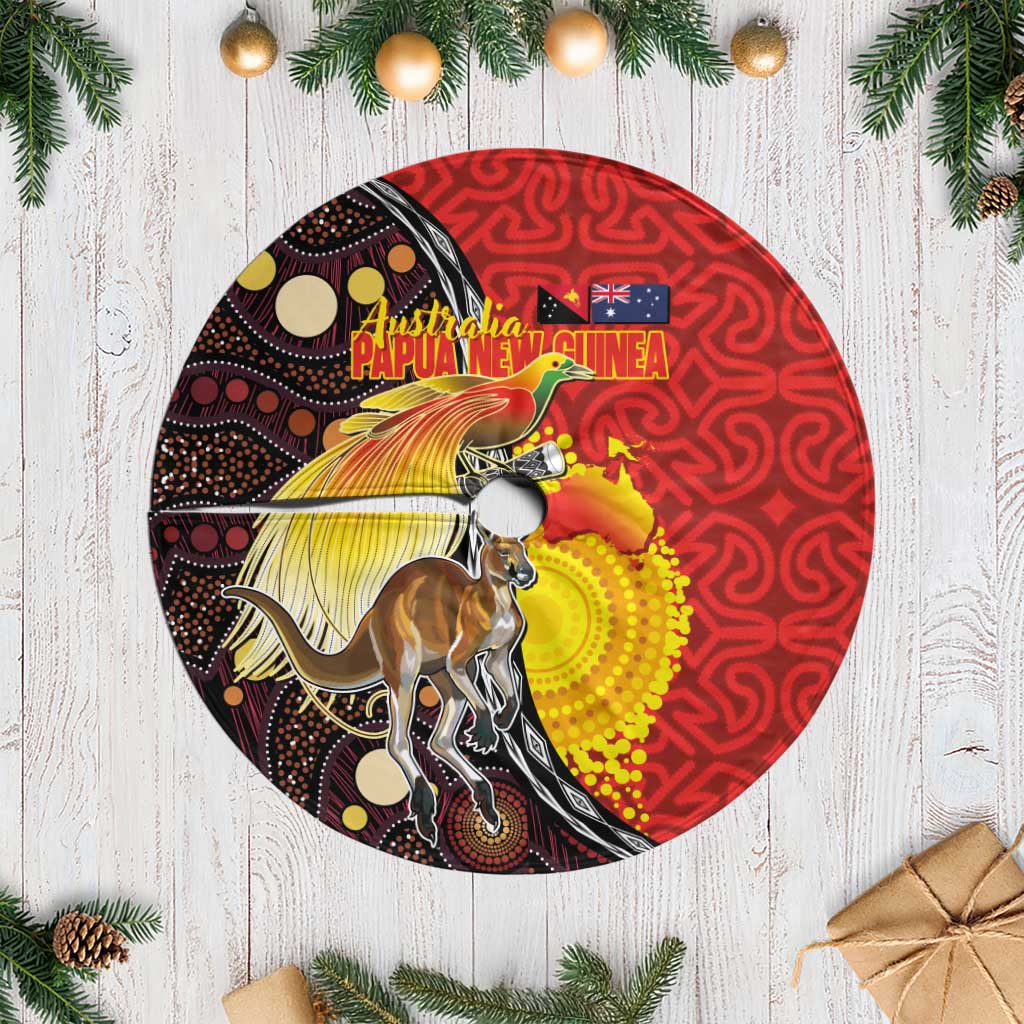 Australia and Papua New Guinea Together Tree Skirt Bird-of-paradise and Kangaroo with Oro Tapa and Aboriginal Art Motifs - Aussie Hoodie
