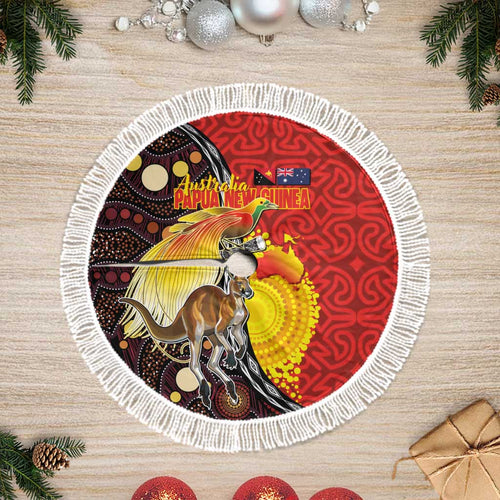 Australia and Papua New Guinea Together Tree Skirt Bird-of-paradise and Kangaroo with Oro Tapa and Aboriginal Art Motifs - Aussie Hoodie