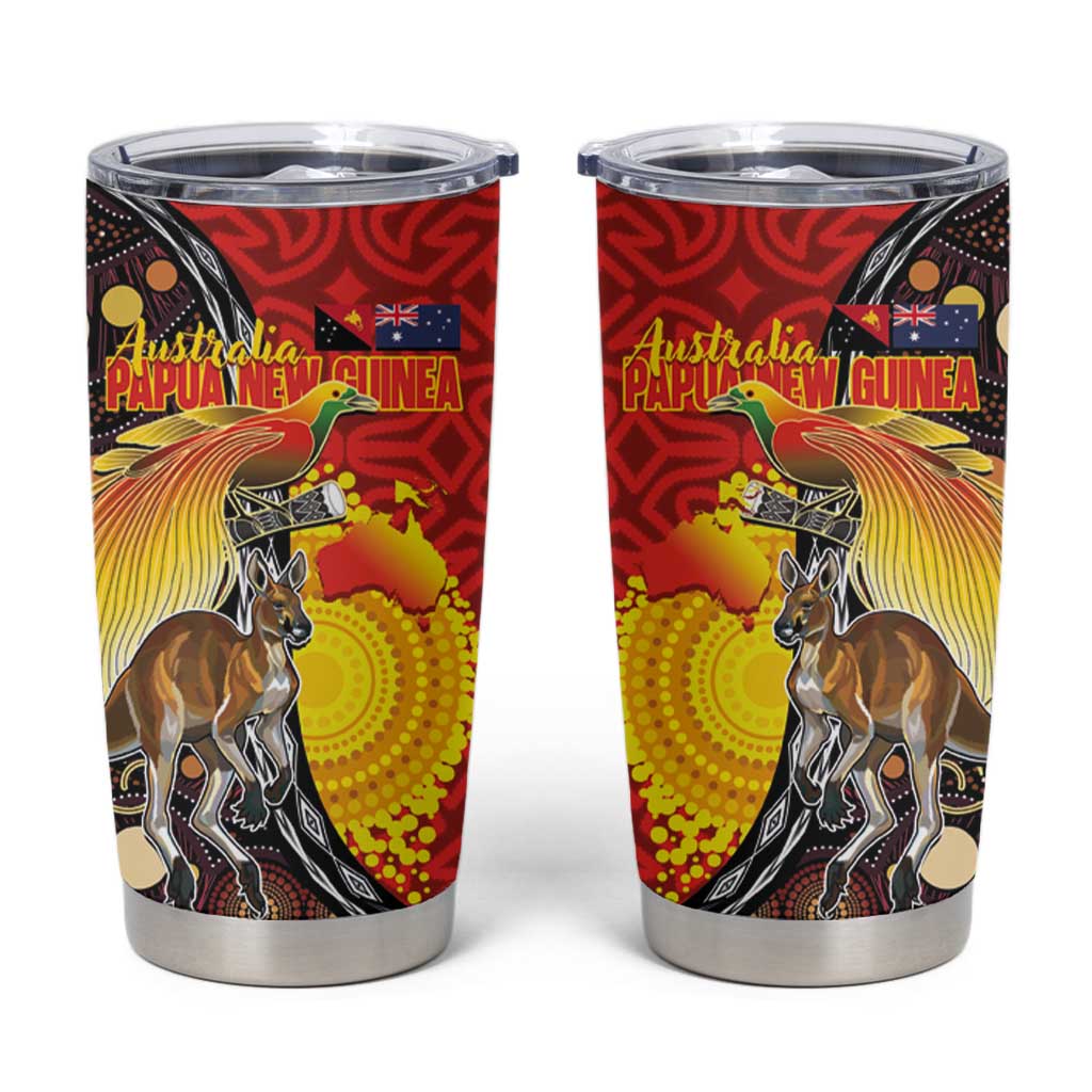 Australia and Papua New Guinea Together Tumbler Cup Bird-of-paradise and Kangaroo with Oro Tapa and Aboriginal Art Motifs - Aussie Hoodie