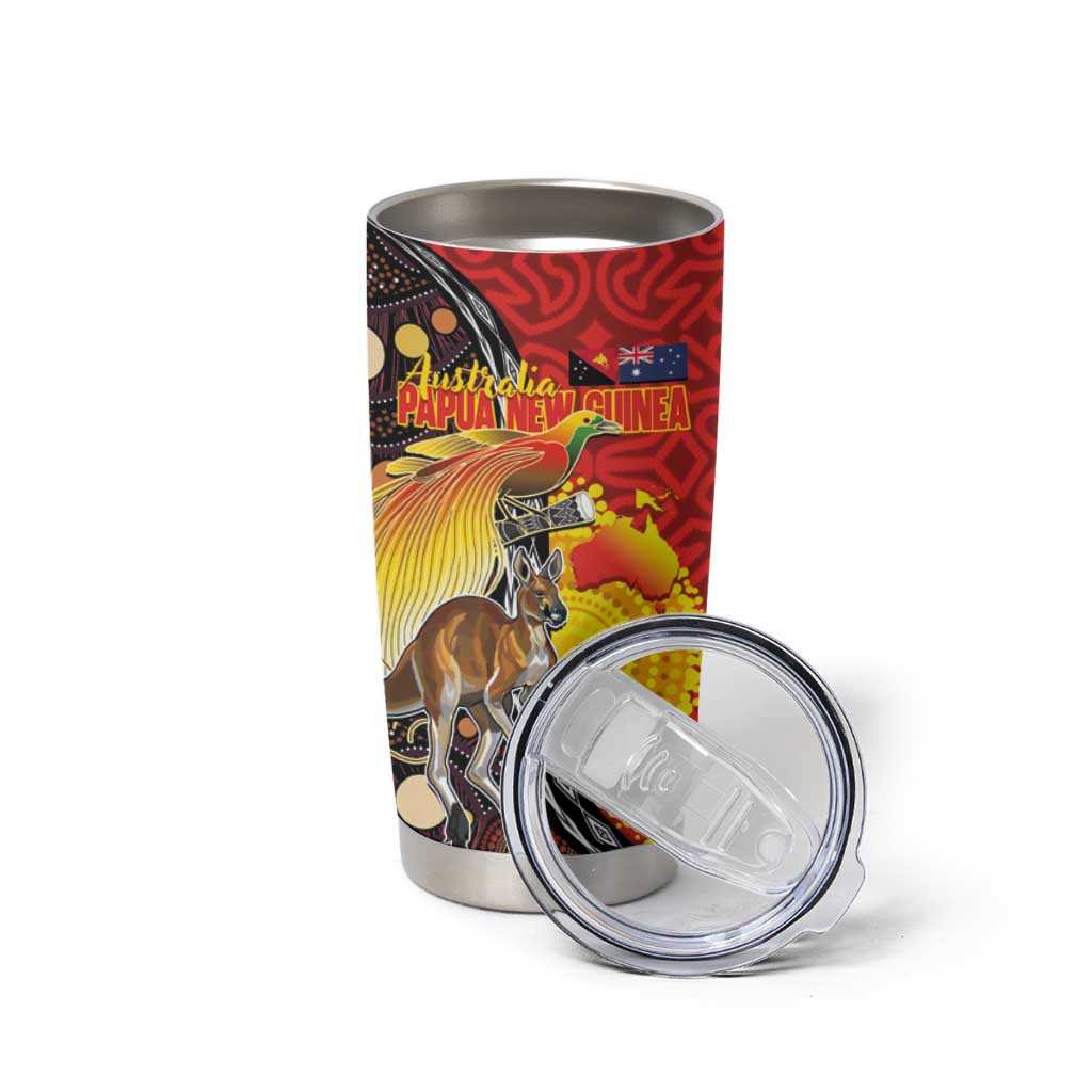 Australia and Papua New Guinea Together Tumbler Cup Bird-of-paradise and Kangaroo with Oro Tapa and Aboriginal Art Motifs - Aussie Hoodie