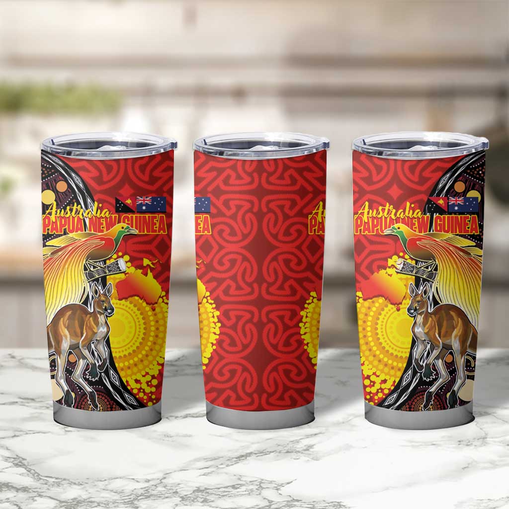 Australia and Papua New Guinea Together Tumbler Cup Bird-of-paradise and Kangaroo with Oro Tapa and Aboriginal Art Motifs - Aussie Hoodie