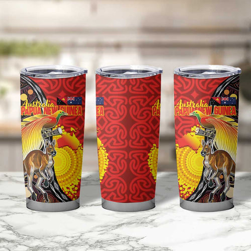 Australia and Papua New Guinea Together Tumbler Cup Bird-of-paradise and Kangaroo with Oro Tapa and Aboriginal Art Motifs - Aussie Hoodie
