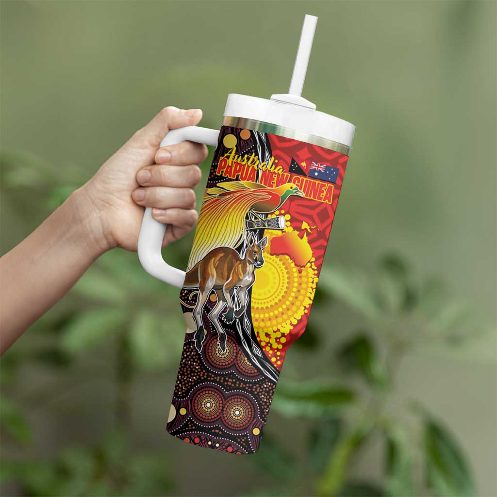 Australia and Papua New Guinea Together Tumbler With Handle Bird-of-paradise and Kangaroo with Oro Tapa and Aboriginal Art Motifs - Aussie Hoodie