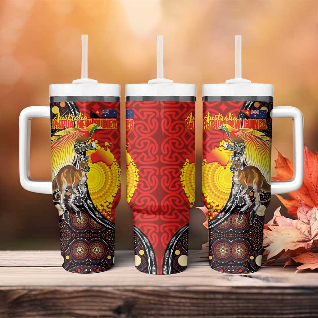 Australia and Papua New Guinea Together Tumbler With Handle Bird-of-paradise and Kangaroo with Oro Tapa and Aboriginal Art Motifs - Aussie Hoodie