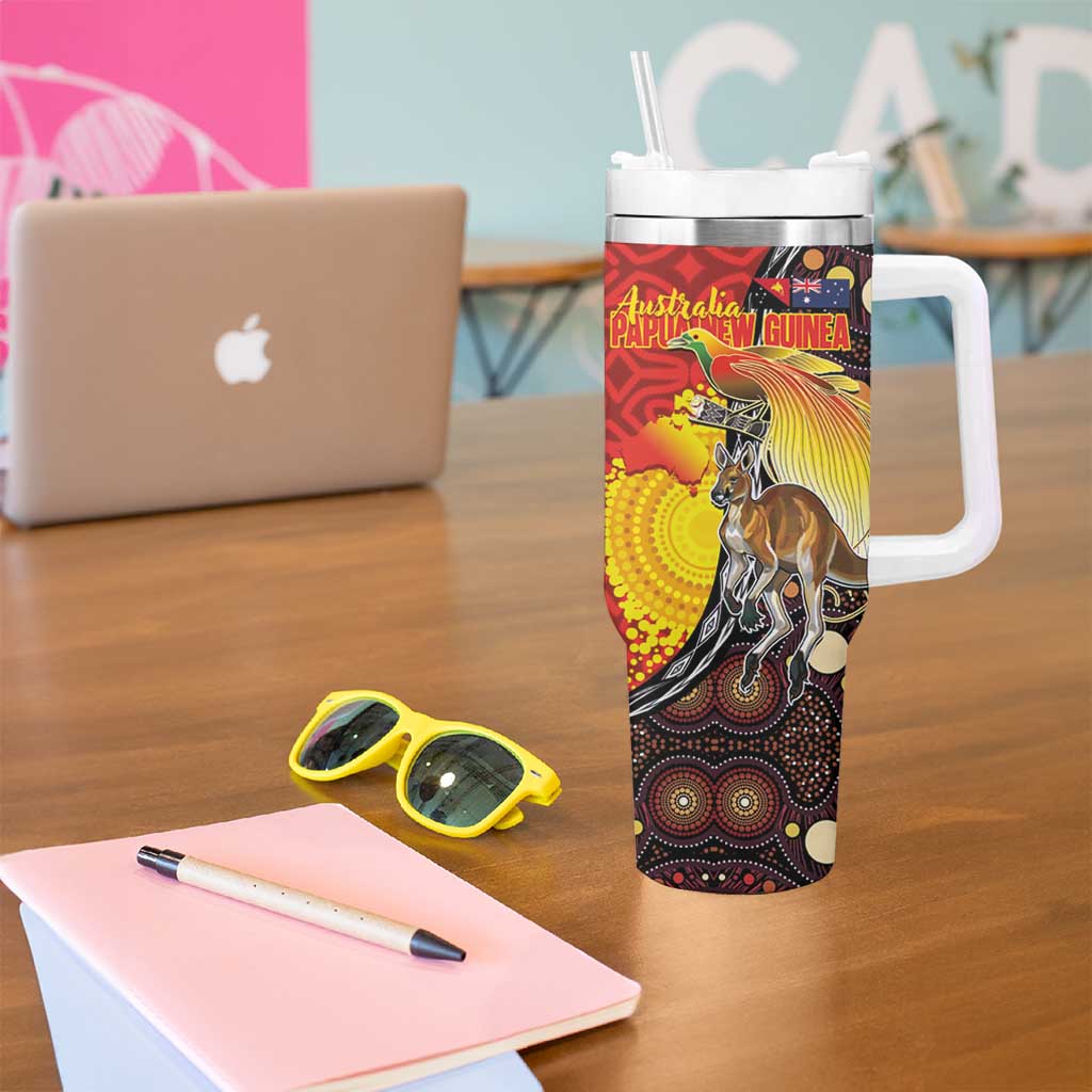 Australia and Papua New Guinea Together Tumbler With Handle Bird-of-paradise and Kangaroo with Oro Tapa and Aboriginal Art Motifs - Aussie Hoodie