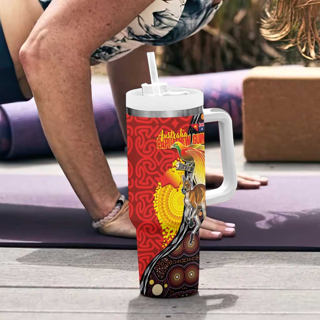 Australia and Papua New Guinea Together Tumbler With Handle Bird-of-paradise and Kangaroo with Oro Tapa and Aboriginal Art Motifs - Aussie Hoodie