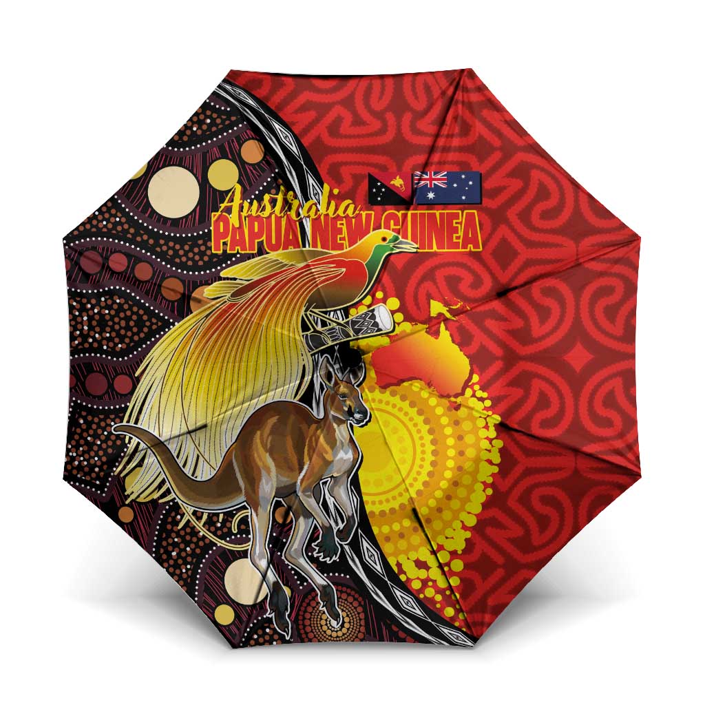 Australia and Papua New Guinea Together Umbrella Bird-of-paradise and Kangaroo with Oro Tapa and Aboriginal Art Motifs - Aussie Hoodie