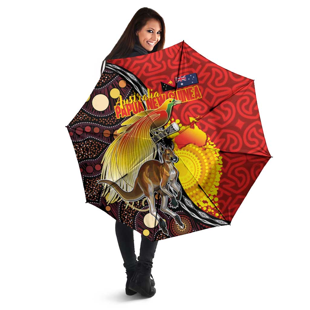 Australia and Papua New Guinea Together Umbrella Bird-of-paradise and Kangaroo with Oro Tapa and Aboriginal Art Motifs - Aussie Hoodie