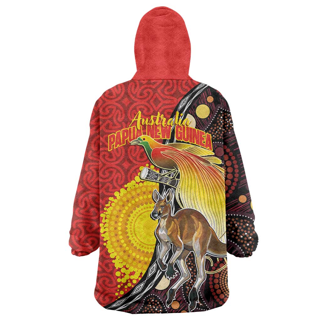 Australia and Papua New Guinea Together Wearable Blanket Hoodie Bird-of-paradise and Kangaroo with Oro Tapa and Aboriginal Art Motifs - Aussie Hoodie