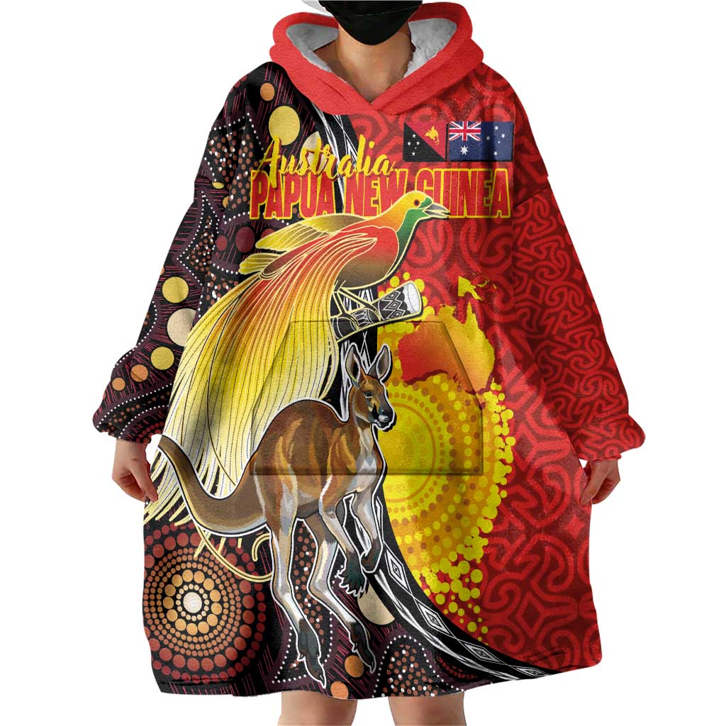 Australia and Papua New Guinea Together Wearable Blanket Hoodie Bird-of-paradise and Kangaroo with Oro Tapa and Aboriginal Art Motifs - Aussie Hoodie