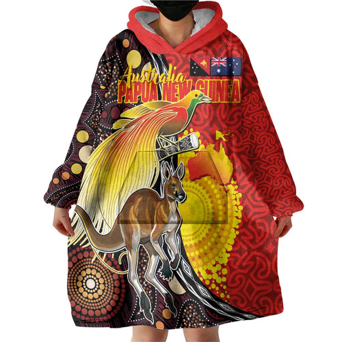 Australia and Papua New Guinea Together Wearable Blanket Hoodie Bird-of-paradise and Kangaroo with Oro Tapa and Aboriginal Art Motifs - Aussie Hoodie