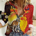Australia and Papua New Guinea Together Women Casual Shirt Bird-of-paradise and Kangaroo with Oro Tapa and Aboriginal Art Motifs - Aussie Hoodie