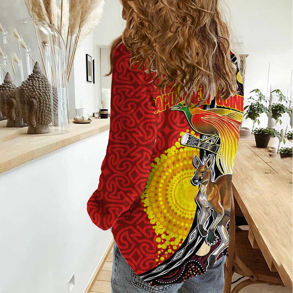 Australia and Papua New Guinea Together Women Casual Shirt Bird-of-paradise and Kangaroo with Oro Tapa and Aboriginal Art Motifs - Aussie Hoodie