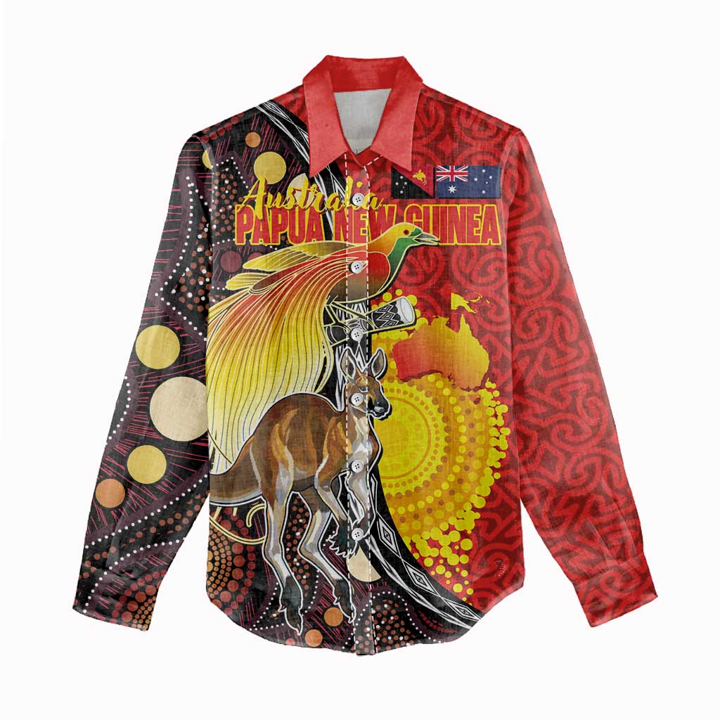 Australia and Papua New Guinea Together Women Casual Shirt Bird-of-paradise and Kangaroo with Oro Tapa and Aboriginal Art Motifs - Aussie Hoodie