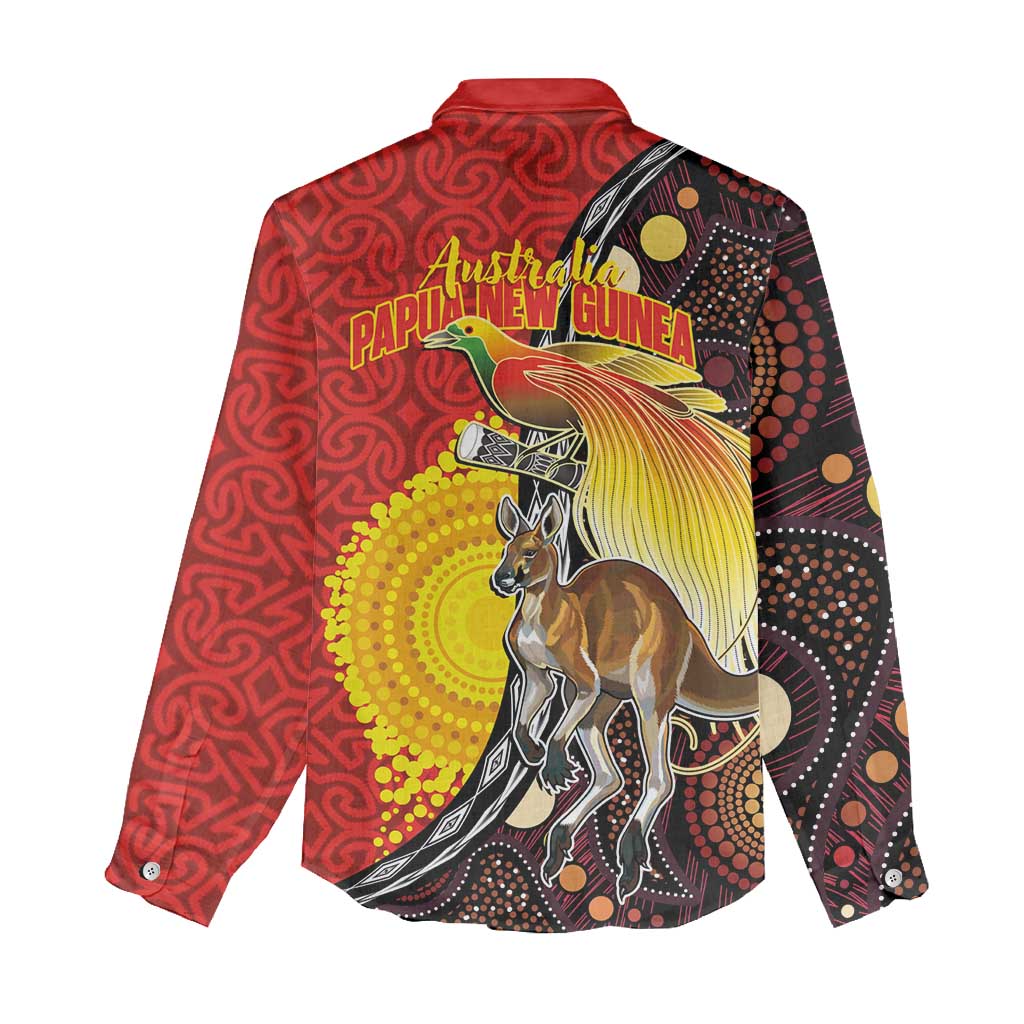 Australia and Papua New Guinea Together Women Casual Shirt Bird-of-paradise and Kangaroo with Oro Tapa and Aboriginal Art Motifs - Aussie Hoodie
