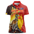 Australia and Papua New Guinea Together Women Polo Shirt Bird-of-paradise and Kangaroo with Oro Tapa and Aboriginal Art Motifs - Aussie Hoodie