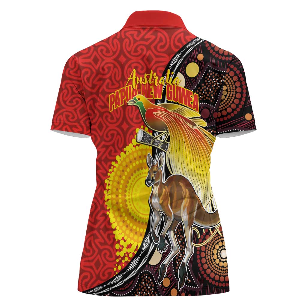 Australia and Papua New Guinea Together Women Polo Shirt Bird-of-paradise and Kangaroo with Oro Tapa and Aboriginal Art Motifs - Aussie Hoodie