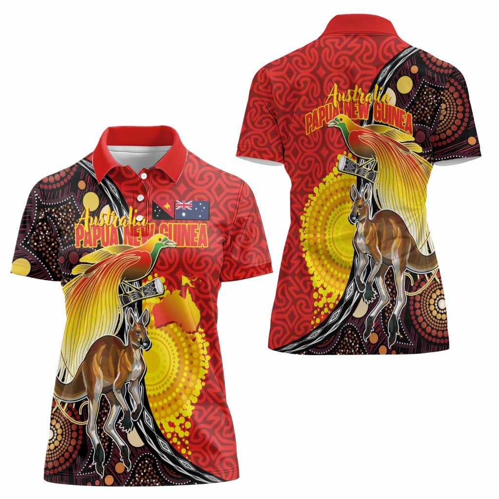 Australia and Papua New Guinea Together Women Polo Shirt Bird-of-paradise and Kangaroo with Oro Tapa and Aboriginal Art Motifs - Aussie Hoodie