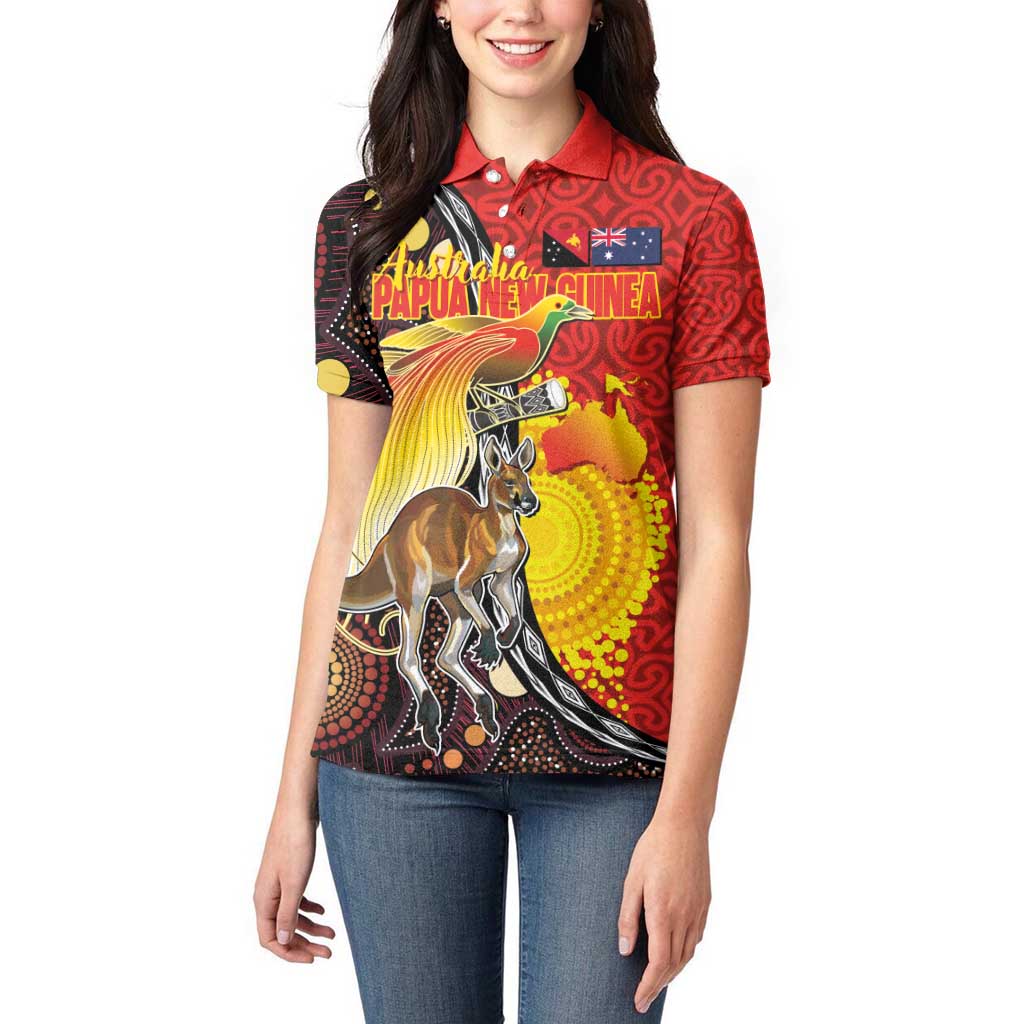 Australia and Papua New Guinea Together Women Polo Shirt Bird-of-paradise and Kangaroo with Oro Tapa and Aboriginal Art Motifs - Aussie Hoodie