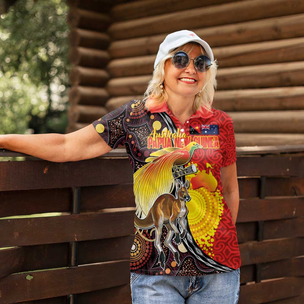 Australia and Papua New Guinea Together Women Polo Shirt Bird-of-paradise and Kangaroo with Oro Tapa and Aboriginal Art Motifs - Aussie Hoodie