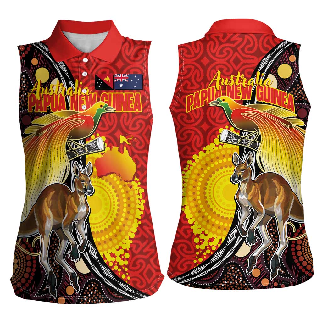 Australia and Papua New Guinea Together Women Sleeveless Polo Shirt Bird-of-paradise and Kangaroo with Oro Tapa and Aboriginal Art Motifs - Aussie Hoodie