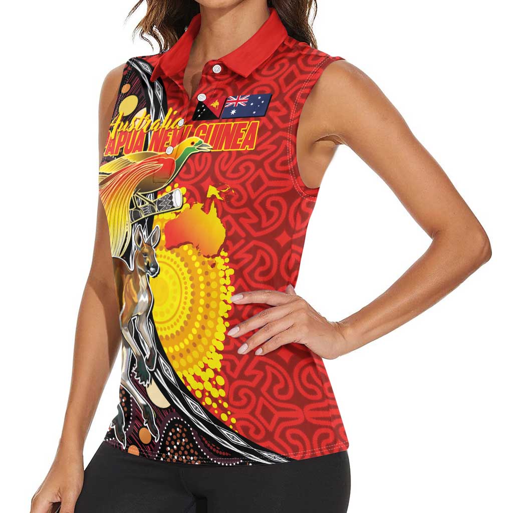 Australia and Papua New Guinea Together Women Sleeveless Polo Shirt Bird-of-paradise and Kangaroo with Oro Tapa and Aboriginal Art Motifs - Aussie Hoodie
