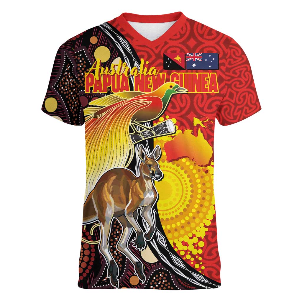 Australia and Papua New Guinea Together Women V-Neck T-Shirt Bird-of-paradise and Kangaroo with Oro Tapa and Aboriginal Art Motifs - Aussie Hoodie