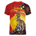 Australia and Papua New Guinea Together Women V-Neck T-Shirt Bird-of-paradise and Kangaroo with Oro Tapa and Aboriginal Art Motifs - Aussie Hoodie