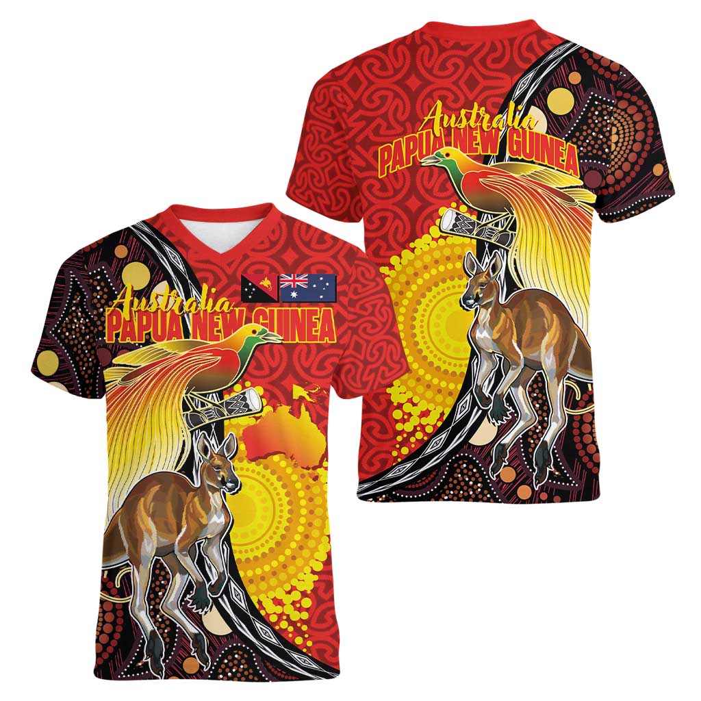 Australia and Papua New Guinea Together Women V-Neck T-Shirt Bird-of-paradise and Kangaroo with Oro Tapa and Aboriginal Art Motifs - Aussie Hoodie
