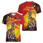 Australia and Papua New Guinea Together Women V-Neck T-Shirt Bird-of-paradise and Kangaroo with Oro Tapa and Aboriginal Art Motifs - Aussie Hoodie