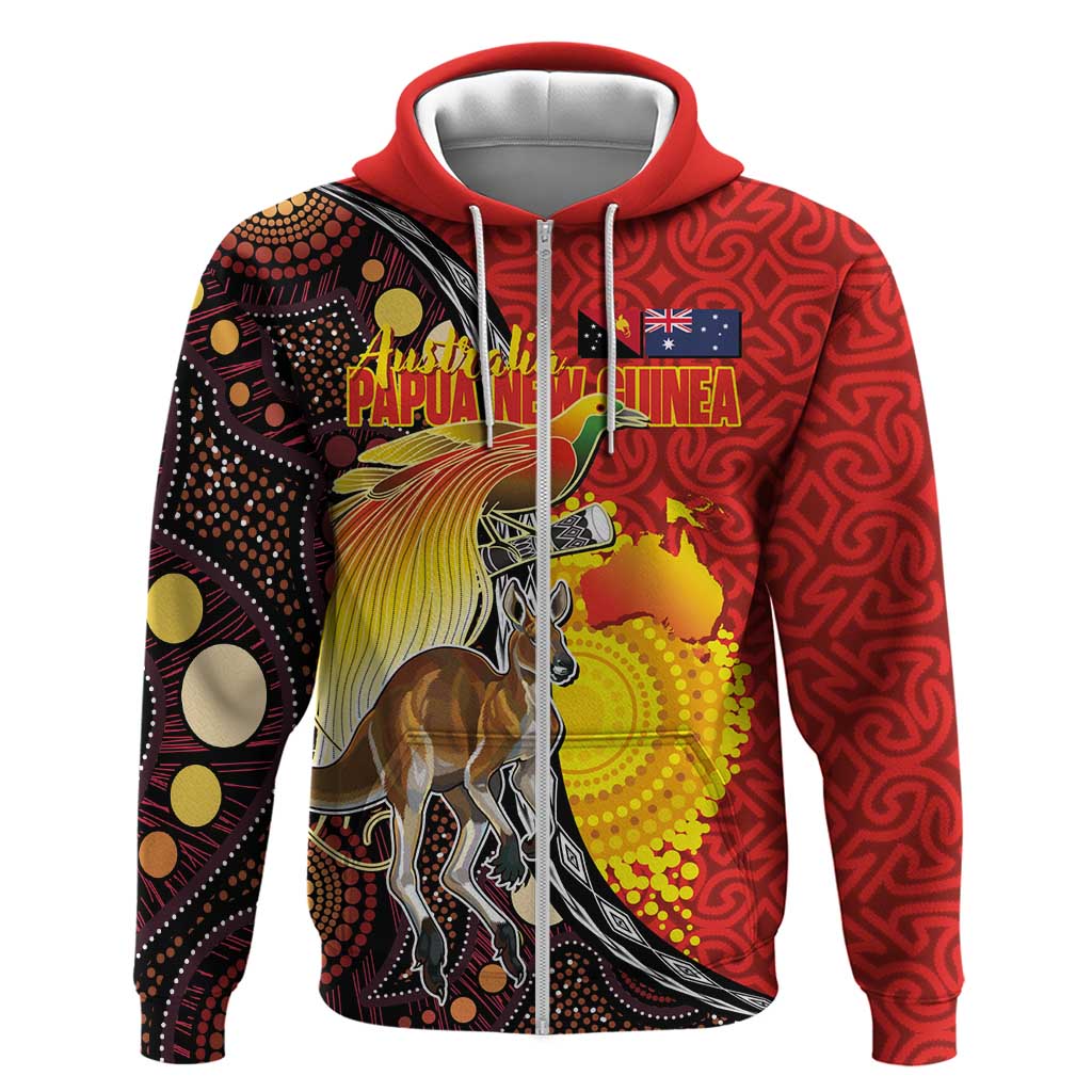 Australia and Papua New Guinea Together Zip Hoodie Bird-of-paradise and Kangaroo with Oro Tapa and Aboriginal Art Motifs - Aussie Hoodie