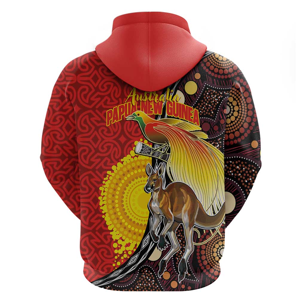 Australia and Papua New Guinea Together Zip Hoodie Bird-of-paradise and Kangaroo with Oro Tapa and Aboriginal Art Motifs - Aussie Hoodie